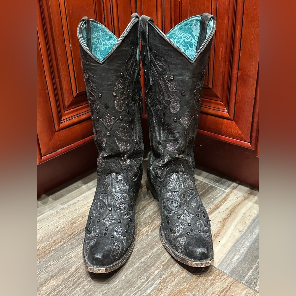 Corral Oryx Black Glitter Studded Cowboy Boots C3423 Size 7.5 Cowgirl Rodeo - Picture 11 of 14